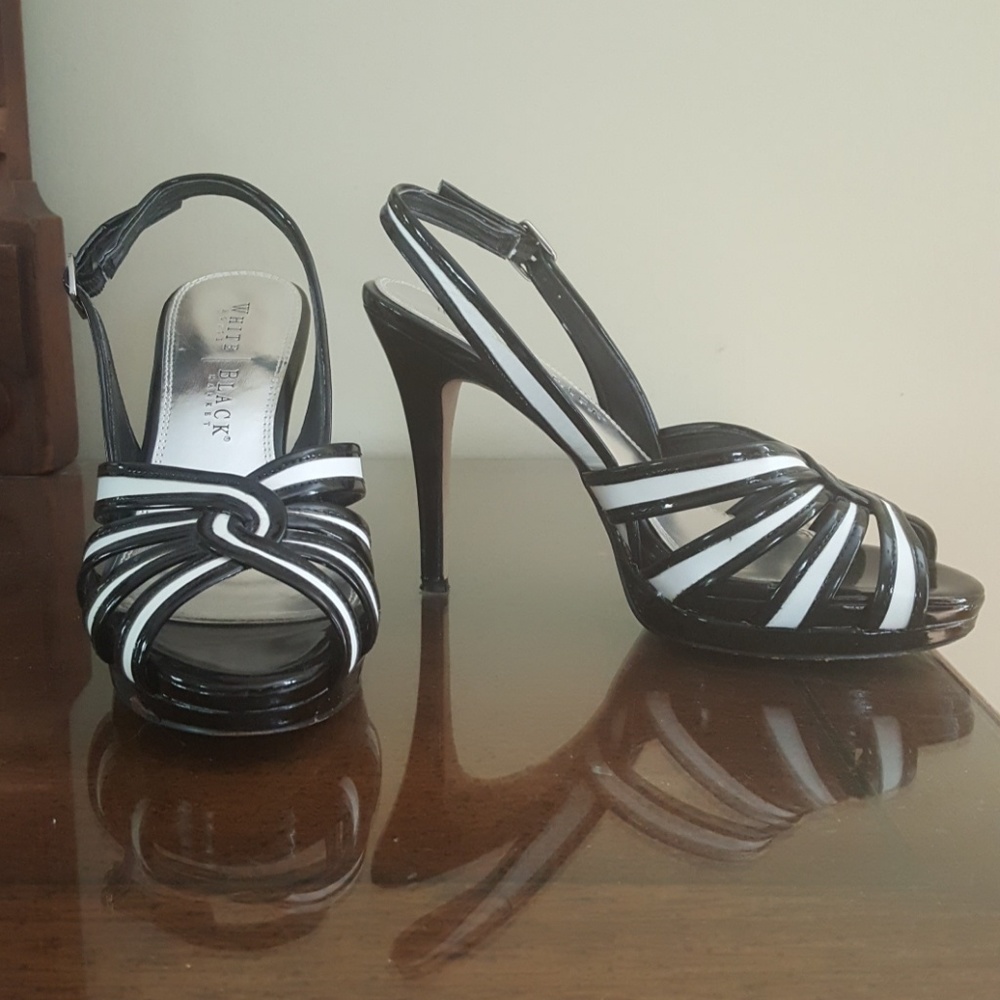 Black and white leather high heel sandals
